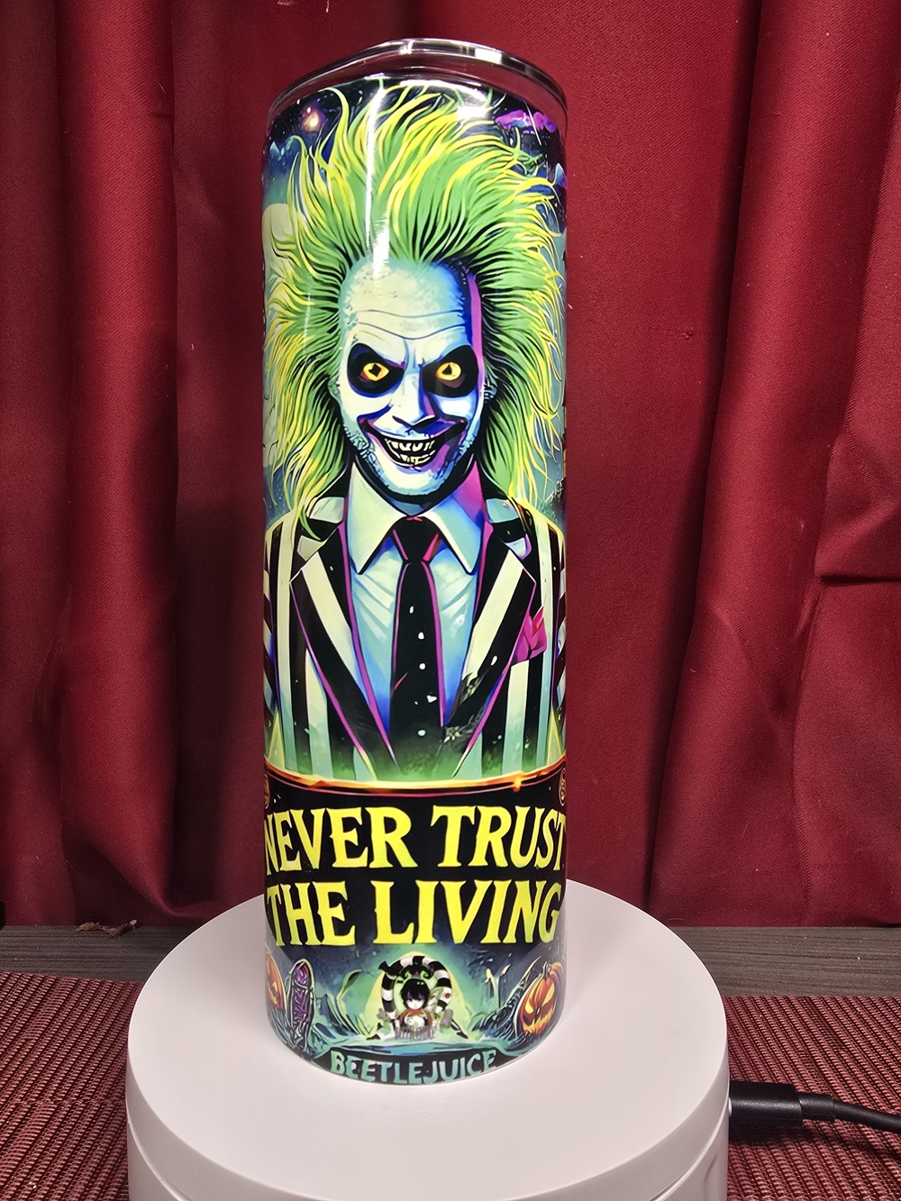 Beetlejuice Neon Portrait Tumbler - 'Never Trust The Living' 20oz